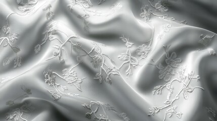 Aufkleber - Elegant Embroidered Fabric with Floral Patterns on Soft Satin Background Displaying Texture