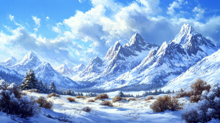 Winter natural snowy landscape with bushes and trees on meadow in foot of high mountains covered with snow. Cartoon vector panoramic cold and frozen scenery with field near hills, blue sky with clouds