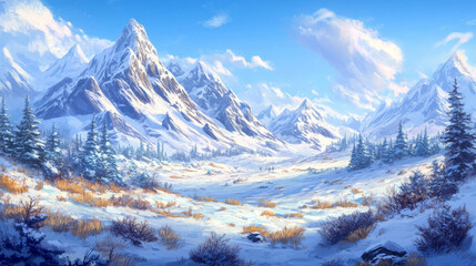 Winter natural snowy landscape with bushes and trees on meadow in foot of high mountains covered with snow. Cartoon vector panoramic cold and frozen scenery with field near hills, blue sky with clouds