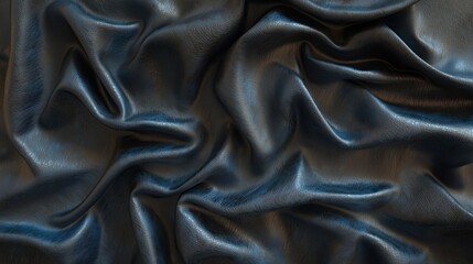Poster - luxurious blue tinted black textile material with shiny surface arranged with soft rippling folds