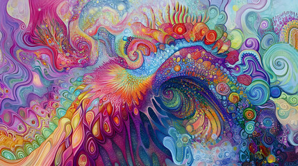 Poster - Colorful abstract painting of a bird surrounded by swirls bubbles and tulips in a cosmic background