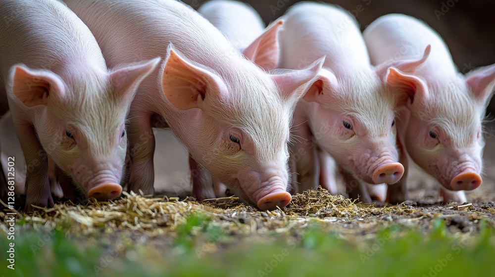 Piglets feeding from their mother in a well-managed pig farm, showing a ...