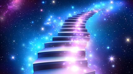 Poster - Long staircase with white and blue stripes leading upward in a bright cosmic abstract environment