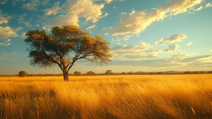 Wall Mural - Golden sunset illuminating african savanna with acacia tree