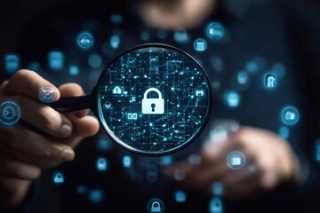 Poster - Businessman holding magnifying glass showing network security padlock icon
