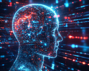 Poster - 3D digital wireframe rendering of a human head with glowing neural networks, representing artificial intelligence, cognitive science, and the future of technology.