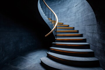 Poster - Modern spiral staircase with orange lighting in a dark building