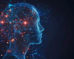 Poster - 3D rendering of a glowing digital human head profile with connected neural networks and abstract data streams, representing artificial intelligence, brain activity, and futuristic technology.