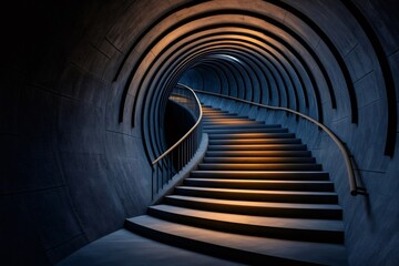 Aufkleber - Modern staircase ascending in a concrete tunnel with warm lighting