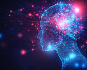 Poster - 3D render of glowing neural networks within the brain, symbolizing cognitive functions, artificial intelligence, and futuristic brain activity, in a colorful digital matrix.