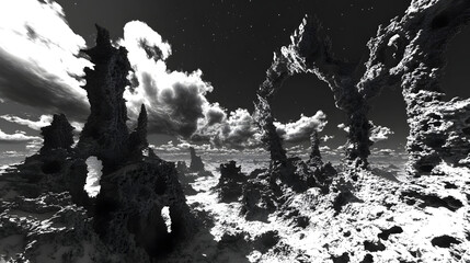 Poster - Black and white rocky landscape with abstract cosmic elements and tulip flowers in the foreground