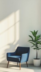 Wall Mural - Minimalist room with striking blue chair and vibrant plant showcasing modern decor aesthetics