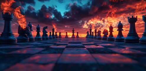 Wall Mural - A black background serves as the setting for a chess board with several pieces and a fire effect