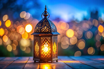 Ornate lantern glowing at dusk.