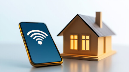 Poster - Smartphone showing wifi signal next to illuminated house model: smart home automation concept