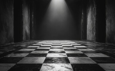 Poster - The scene is set in an empty dark room with a white ceiling light shining down on a 3D render of abstract background, geometrical shapes, a chess board, and a showcase platform mockup