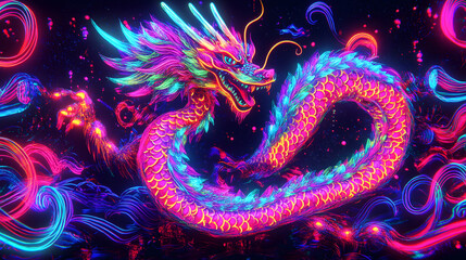 Poster - Vibrant neon dragon illustration with colorful background and intricate details for digital wallpaper design