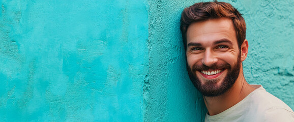 A smiling man with a beard leans against a turquoise wall, showcasing happiness, confidence, and relaxation, against a vibrant backdrop of bold, minimalist colors.