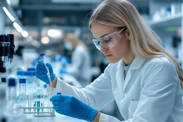 Leinwandbilder - Scientist working with micropipette and test tubes in laboratory