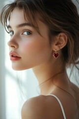 Wall Mural - Fashion model posing with elegant heart shaped earrings and soft makeup