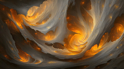 Poster - Large orange and yellow swirling pattern representing space with abstract design elements
