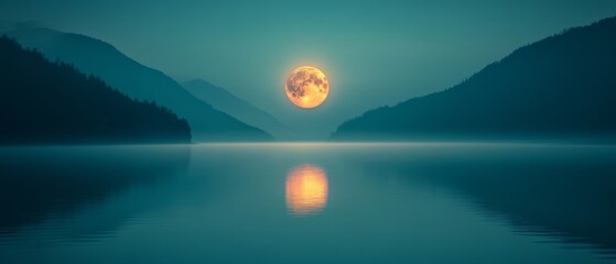Wall Mural - A full moon rises over a tranquil lake between mountains, its reflection shimmering in the still water.
