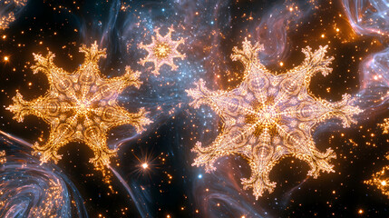 Poster - Two snowflakes in the center of a nebula with vibrant colors and cosmic background