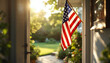 © abu - An American flag hangs near a suburban home’s entrance, fluttering in a peaceful summer breeze.