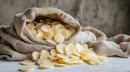 Sticker - A minimalistic linen bag filled with dried fruit slices, with some slices scattered around on a textured surface