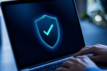 Aufkleber - Programmer ensuring data security with checked shield icon on laptop