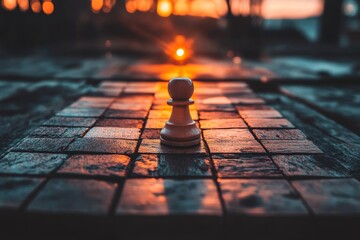 Poster - The concept of business success is represented by a chess board game that fosters ideas, competition, and strategy, with chess figures positioned on a dark surface