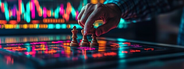 Poster - A chess game on a chessboard, positioned in front of a business background, represents the concept of competitive business strategy ideas, alongside the presentation of financial and marketing