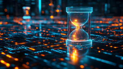Poster - Hourglass on a computer keyboard with abstract elements in a surreal setting