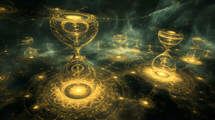 Poster - A collection of gold colored abstract objects set against a black background representing the concept of time