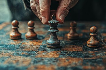 Poster - A chess game played on a chessboard symbolizes a competitive business challenge with a strategic plan