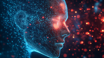 Poster - Digital wireframe representation of a human face with glowing red and blue neural network connections, symbolizing artificial intelligence, data visualization, and futuristic technology.