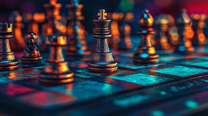 Poster - The classic game of chess is reimagined in a futuristic and dynamic way, as seen in a close-up shot of a holographic game with blue and orange pieces