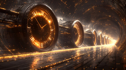Poster - Clock in a tunnel illuminated by lights with abstract elements and a surreal atmosphere