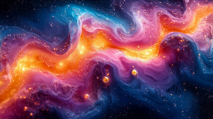 Poster - A colorful galaxy-like swirl of bright yellows, oranges, and purples flowing in a cosmic-inspired digital art piece