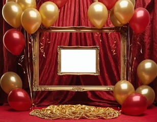 A festive red and gold photo booth backdrop with balloons and a blank frame for customizable photos.