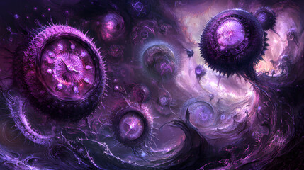 Poster - Purple and black abstract background featuring large circular design with surreal elements and modern artistic flair