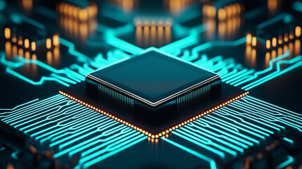 Fototapete - Cpu processing data on motherboard with glowing circuits