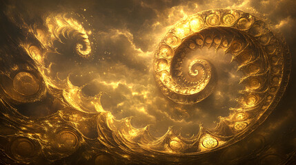 Poster - Golden clock surrounded by gold elements and tulips in a surreal artistic abstraction