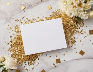 Wall Mural - Elegant flat lay with a blank card surrounded by gold confetti and white flowers.