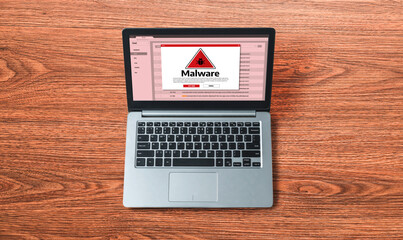 Poster - cyber attacking concept. malware alert showing on computer screen display scam and threat detection 