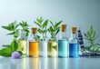 © ANUAR - Colorful essential oil bottles lined up on a light background surrounded by fresh herbs and flowers for wellness, aromatherapy, and natural remedies