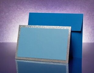 Wall Mural - A vibrant blue card with a silver glitter border, paired with a matching envelope, set against a purple backdrop.