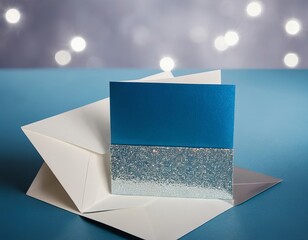 Wall Mural - Elegant blue greeting card on white envelopes with sparkling silver accents.