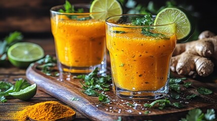 Fresh ginger and turmeric smoothie, two glasses, rustic wooden board, lime, herbs