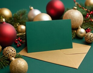 Wall Mural - A festive green card with a gold envelope, surrounded by colorful ornaments and pine sprigs.